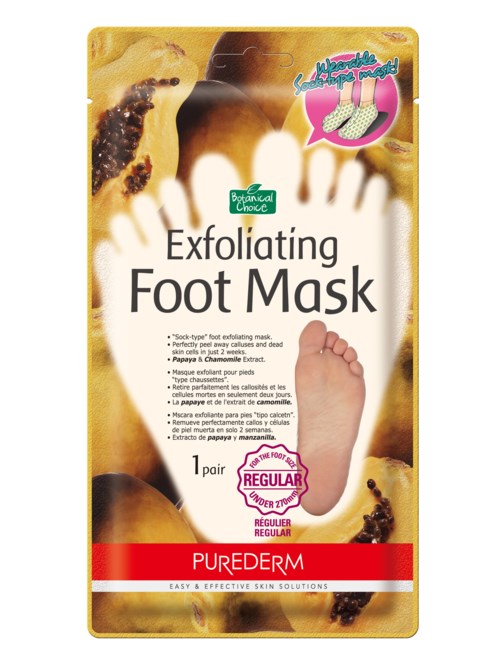 Fotmask för exfoliering, med papaya och kamomill, i ett parpaket, passar för regelbunden användning.