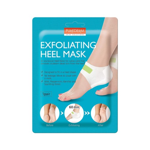 Blå förpackning för exfolierande hälsmask med en bild av en fot i mitten. Använder gröna och vita accenter.
