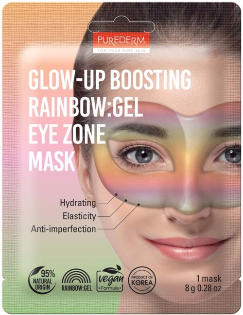 Packningen visar en kvinna som bär en färgrik regnbågsgelmask runt ögonen, som främjar hudfördelar som hydrering och elasticitet.