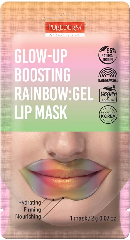 Bunte Lippenmaske mit Regenbogen-Gel, fördert Hydratation, Festigkeit und Pflege.