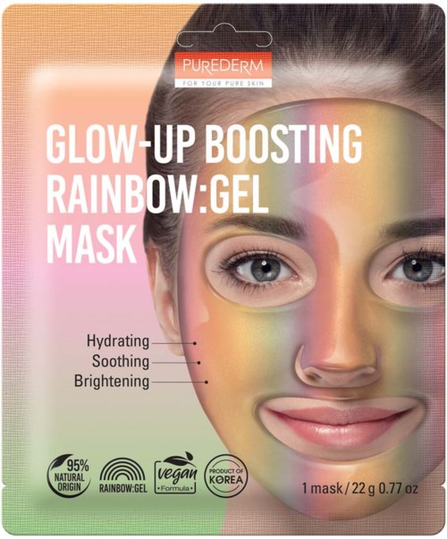 Eine Frau mit Rainbow-Gelmaske im Gesicht, die einen Glow-up-boostenden Regenbogen-Gelmaske für Hydratation, Beruhigung und Aufhellung bewirbt.