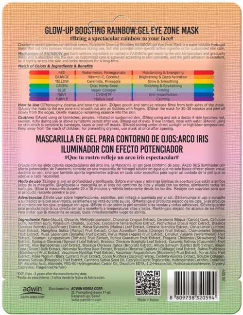 Gesichtsmaske mit Regenbogenfarben und Text über Augenschutz und Hautpflege. Enthält Anleitungen und Inhaltsstoffe.