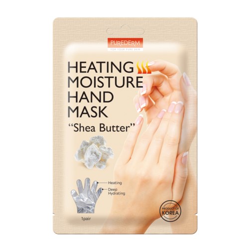 Logga för PureDerm Sheasmör handmask, visar händer, sheanötter och symboler för värmning och fuktgivande.