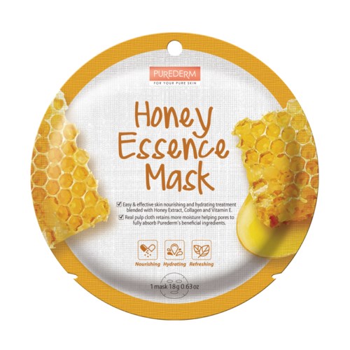 Round packaging with honeycomb designs, yellow and white colors, and text mentioning honey essence mask.