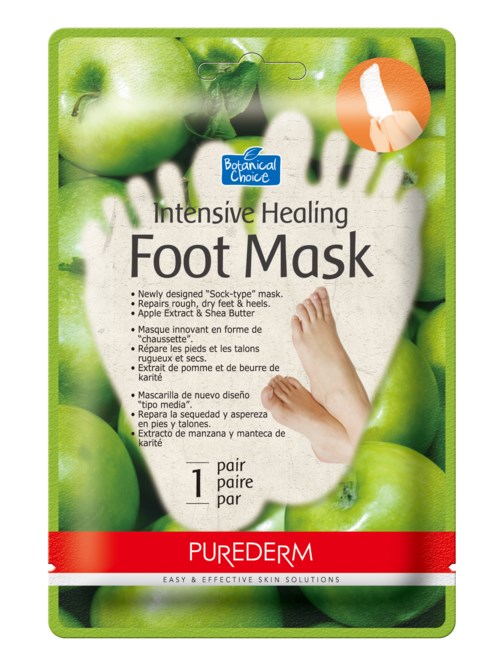 Grüne Verpackung für Fußmaske mit Apfelbildern und einer Fußillustration in der Mitte.