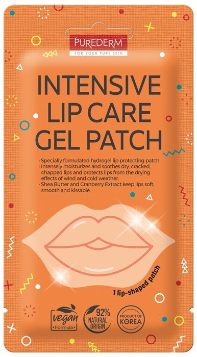 Helle orange Verpackung für Lippenpflege-Gel-Patch mit Lippenillustration und bunzem Konfettodesign.