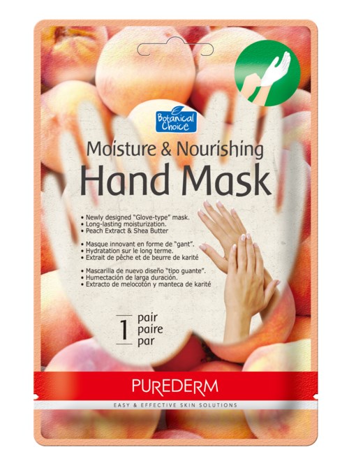 Förpackning med handmask med persikor i bakgrunden, grönt handtvätt-ikon, och information om återfuktande ingredienser.