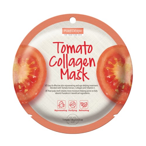 A round skincare mask package features tomato images and text for collagen, rejuvenating, purifying, and refreshing effects.