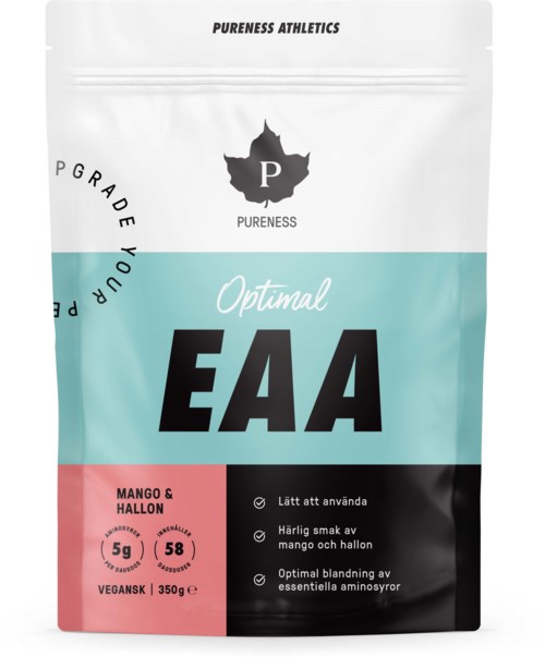 En pose med Pureness Athletics EAA kosttilskudd i hvitt, turkis, rosa og svart med tekst om smak og ingredienser.