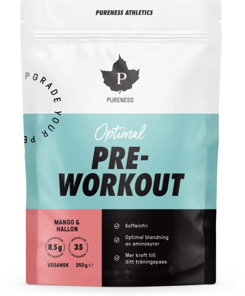 A white, teal, and black powder package called "Pre-Workout" with mango and hallon flavor. It includes caffeine and is vegan.