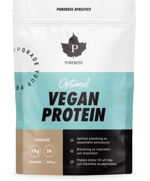 Vegan proteinpaket med svarta, vita, turkosa och beige färger, visar varumärkesnamn och produktdetaljer.