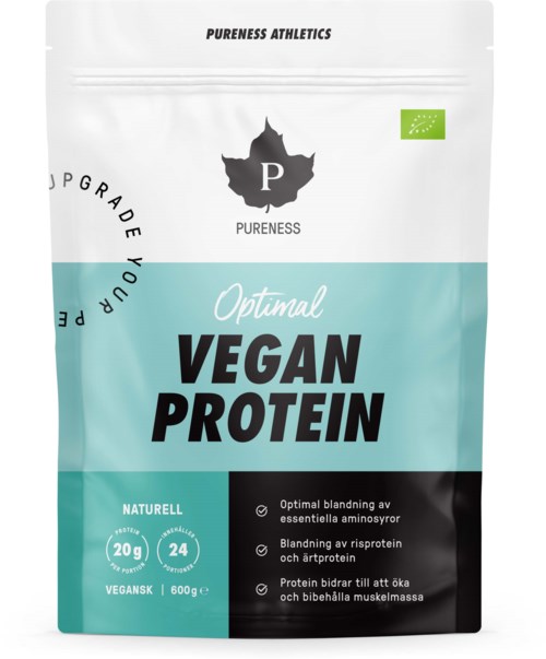 White bag with blue and black labels, showing vegan protein, certifications, and company logo at the top.