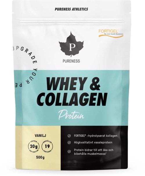 White and blue bag of whey and collagen protein, labeled with flavor vanilla, weight 500g, and health features.