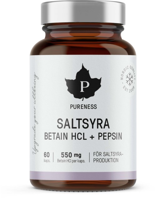 A supplement bottle labeled 'Saltsyra', contains Betain HCL and Pepsin, with 60 capsules, 550 mg each.