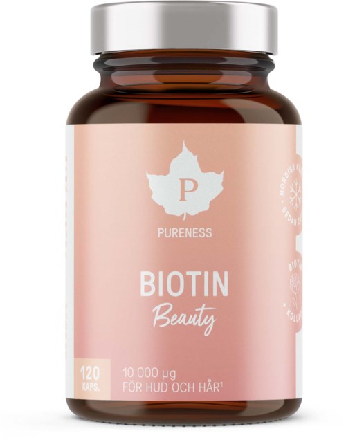 En flaske merket Biotin Beauty med rosa og hvite farger, inneholder et kosttilskudd for hårhelse.