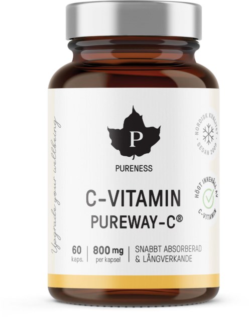 Flaskemerke for Pureness C-Vitamin PureWay-C, inneholder 60 kapsler, 800 mg hver, fremhever rask absorpsjon og varig effekt.