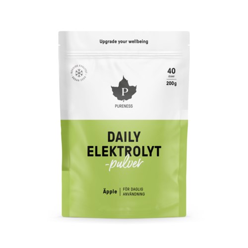 Grönt och vitt pulverpaket med svart text, märkt Daily Elektrolyt pulver med äpplesmak, för dagligt bruk.