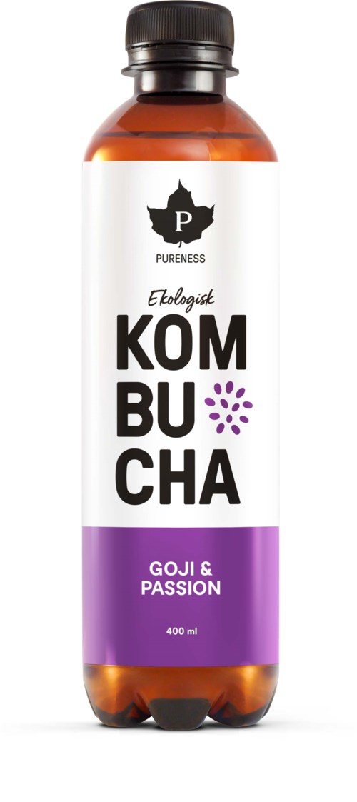 A bottle of Kombucha with a black cap, white and purple label, and the words Goji and Passion.