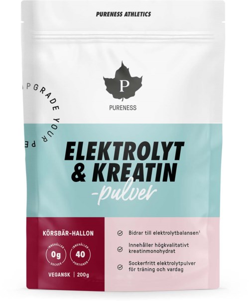 En hvit og lyseblå pose med svart og rød tekst, merket som elektrolyt- og kreatinpulver.