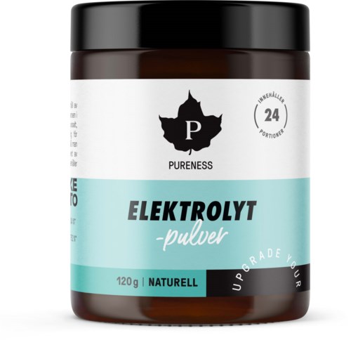 A brown jar with a white and turquoise label, says "ELEKTROLYT -pulver" and health-related symbols.