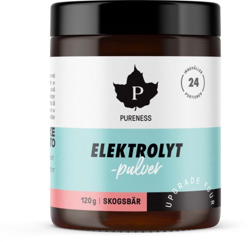 A brown container with a white and blue label, black lid, and text about electrolytes powder, forest berry flavor, 120g.