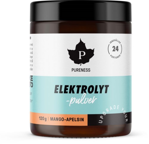 En brun burk med svart lock märkt Elektrolyt-pulver, mango-apelsin smak, 120g, gjort för återhydrering efter svettningar.