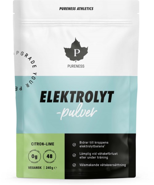En hvit og blå pakke merket 'Elektrolyt-pulver'. Den har sitron-lime smak, uten sukker, og er vegansk. Inneholder 240g.