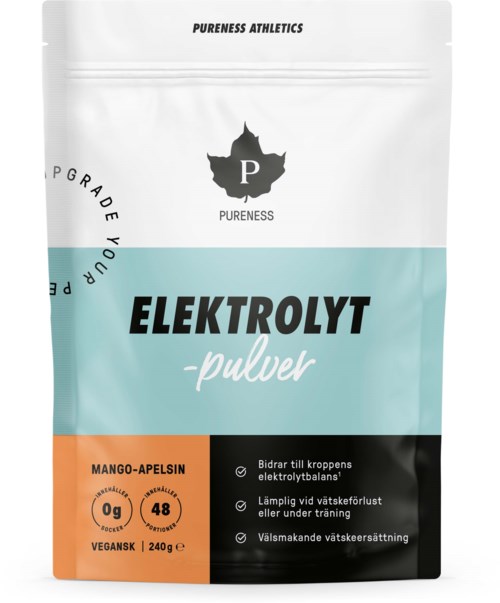 Ett vitt och blått pulverpaket märkt 'ELEKTROLYT', med orange och svarta sektioner, som främjar hydrering och hälsotillfördelar.