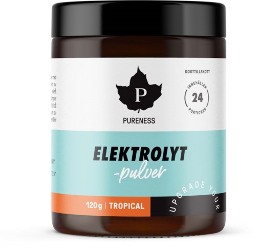 En krukke med tropisk elektrolytpulver med svart lokk, hvit og lyseblå etikett, og svarte og oransje detaljer.