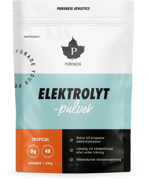 A resealable pouch of electrolyte powder with blue, orange, and black sections, featuring Pureness Athletics branding and product details.