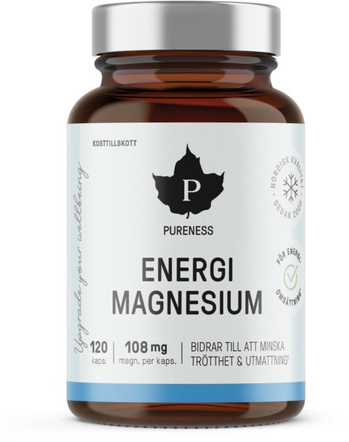 A supplement bottle labeled 'Energi Magnesium' with 120 capsules, designed to reduce fatigue and support energy.