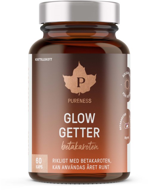 Een bruin flesje met de tekst 'Glow Getter' en een bladlogo, bevat capsules voor het hele jaar.