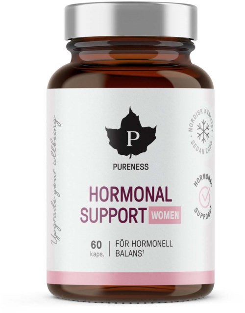A brown supplement bottle with a white label offering hormonal support for women, containing 60 capsules.