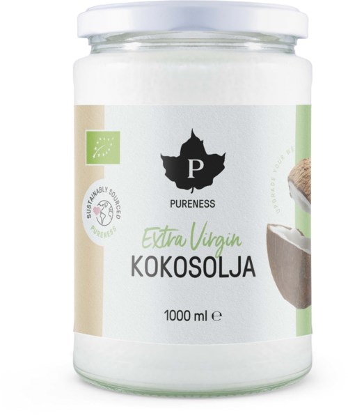 A jar of extra virgin coconut oil with a white label, green accents, and an image of a coconut.