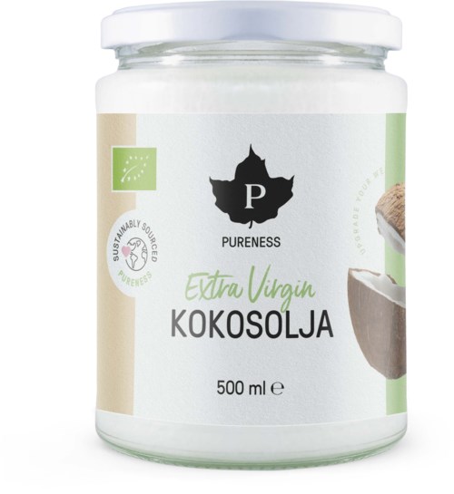 En krukke med ekstra jomfrulig kokosolje med hvit lokk og etikett med kokos og grønne planter.