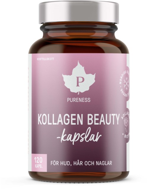 En brun flaske med rosa etikett som viser kollagen kapsler for hud, hår og negler, inneholder 120 kapsler.