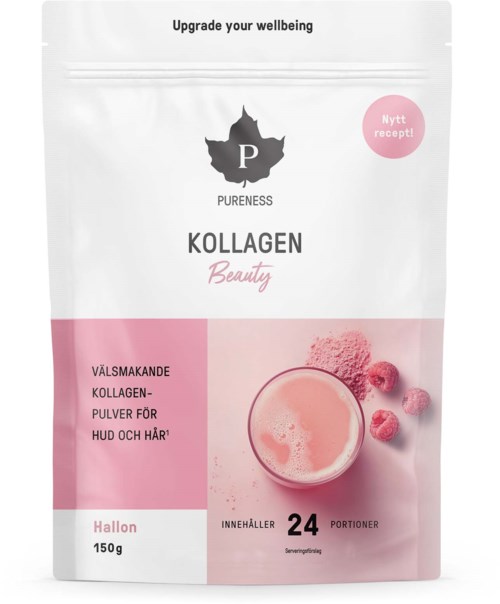 En kollagen skjønnhetspulverpakke med rosa detaljer, et glass med rosa drikke og bringebær, som fremmer hud og hårhelse.