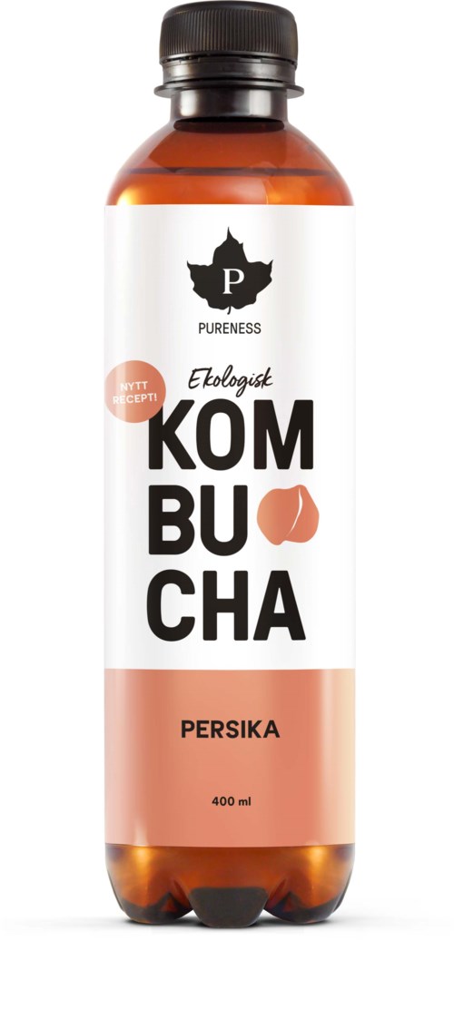 A bottle of organic cherry juice with a white and pink label, featuring a black leaf logo and the words "Persika".