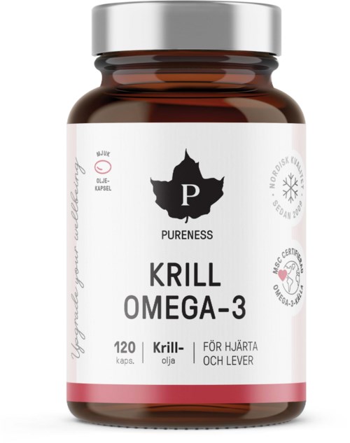 A supplement bottle labeled 'Krill Omega-3' for heart and liver health, with 120 capsules of krill oil. 