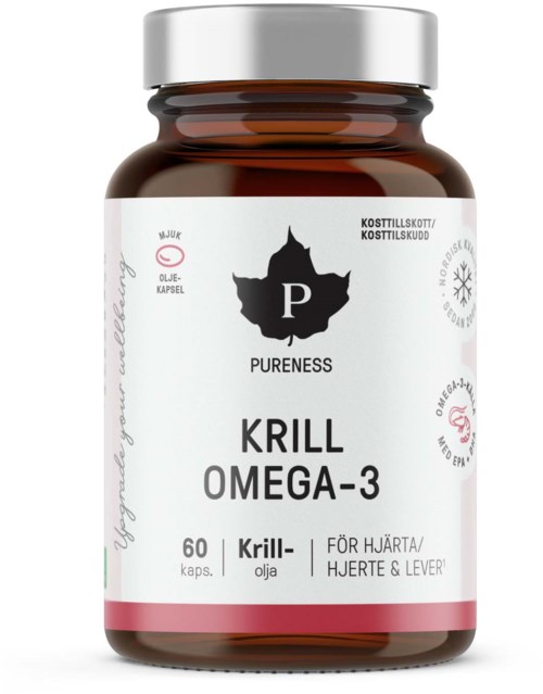 Bottle of Krill Omega-3 capsules for heart, liver, and heart health.