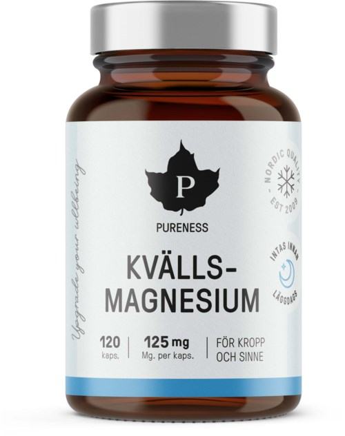 A supplement bottle labeled Kvälls-Magnesium for body and mind, containing 125 mg per capsule, with a white and blue label.
