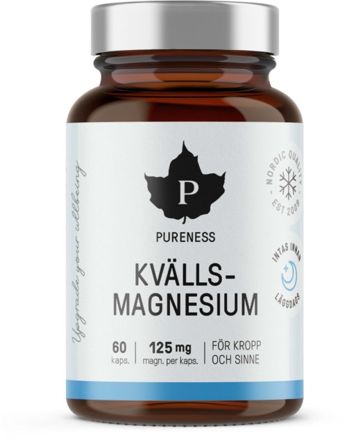 A dietary supplement bottle labeled 'Kvällsmagnesium' with 60 capsules, 125 mg each, for body and mind. Features a leaf logo.