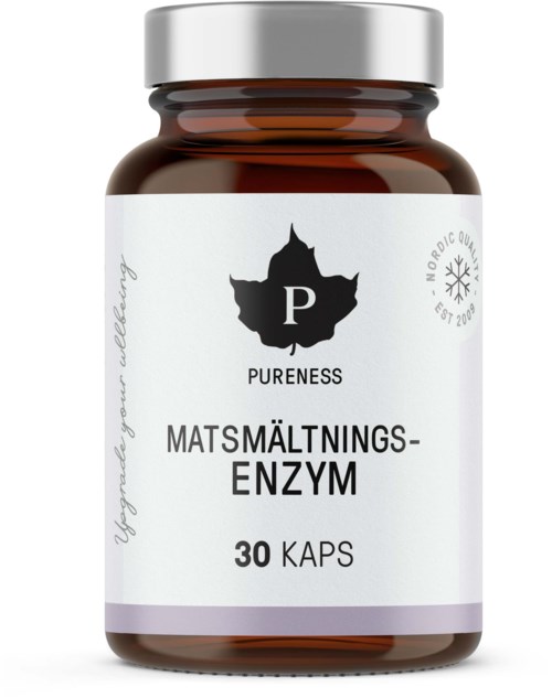 En flaska märkt 'Pureness' innehåller 30 kapslar av ett smältande enzymtillskott.