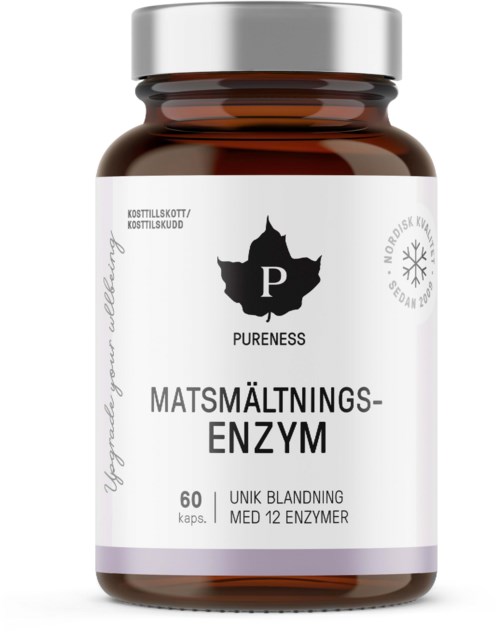 En brunt flaska märkt 'Matsmältnings-Enzym' med 60 kapslar, innehållande 12 olika enzymer för matsmältningsstöd.