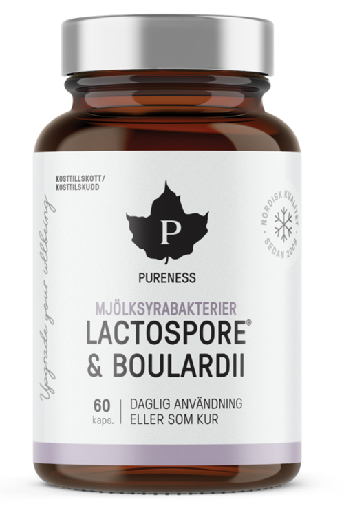 A supplement bottle labeled Lactospore and Boulardii with 60 capsules, promotes gut health, featuring a black leaf logo and white background.