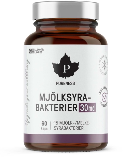 A bottle of probiotic supplements labeled 'Pureness' with 30 mg milk bacteria, 60 capsules, in white and purple packaging.