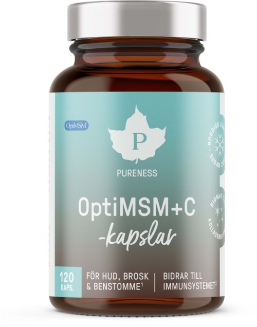 A supplement bottle labeled 'OptiMSM+C capsules' mainly for skin, joints, and immune support, containing 120 capsules.