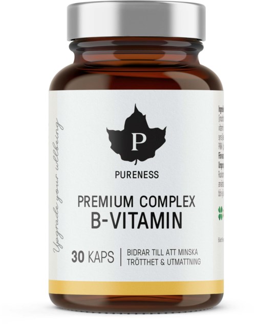 Brun flaska med vit etikett med ett bladlogo och nämner B-vitamin supplement, 30 kapslar, för energi och trötthet.
