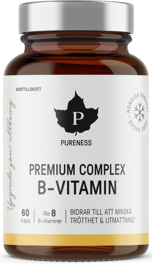 En brun flaska märkt 'Premium Complex B-Vitamin' med vit och guld design, innehåller 60 kapslar.