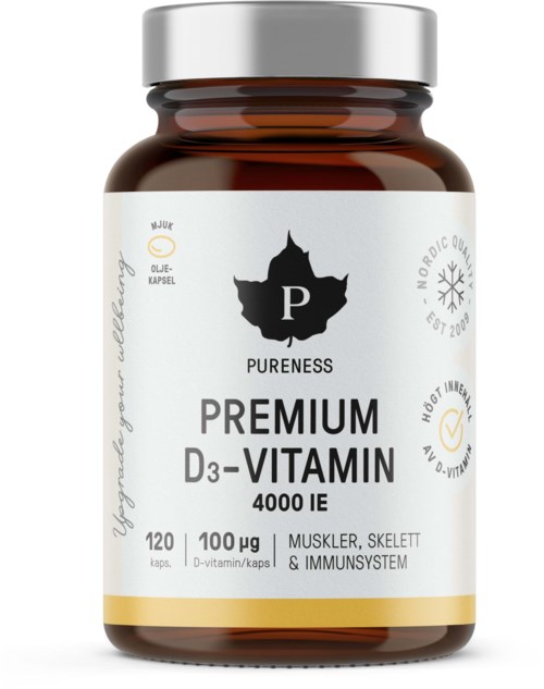 En kosttilskuddsflaske merket 'Premium D3-Vitamin' viser at den inneholder 120 kapsler à 100 mikrogram, for bein, muskler og immunforsvar.